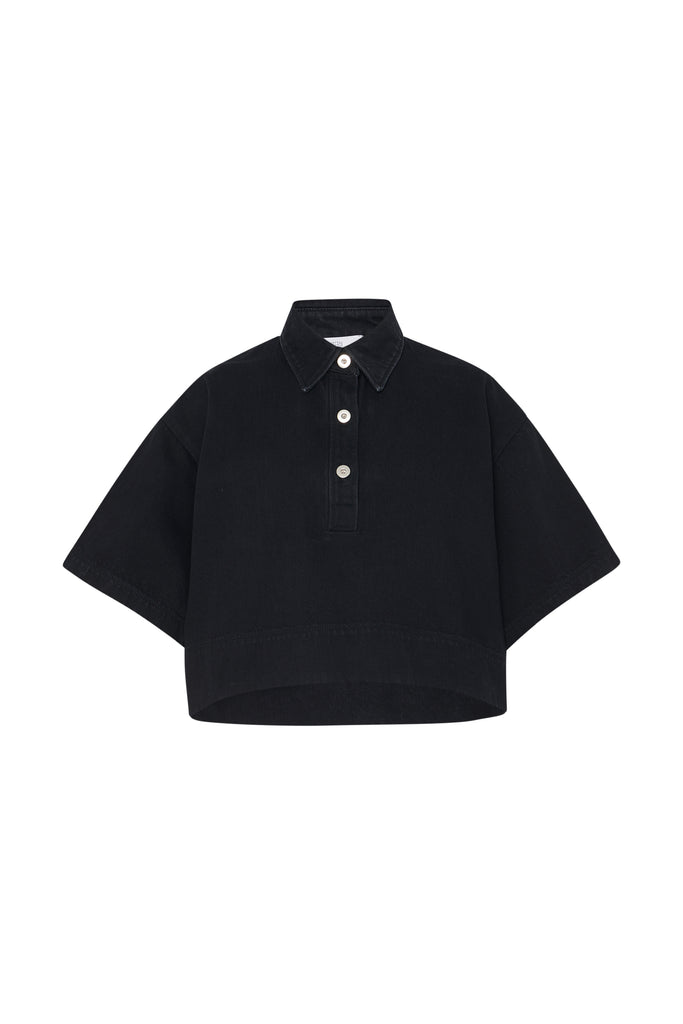 CROPPED OVERSIZED POLO - BLACK DENIM