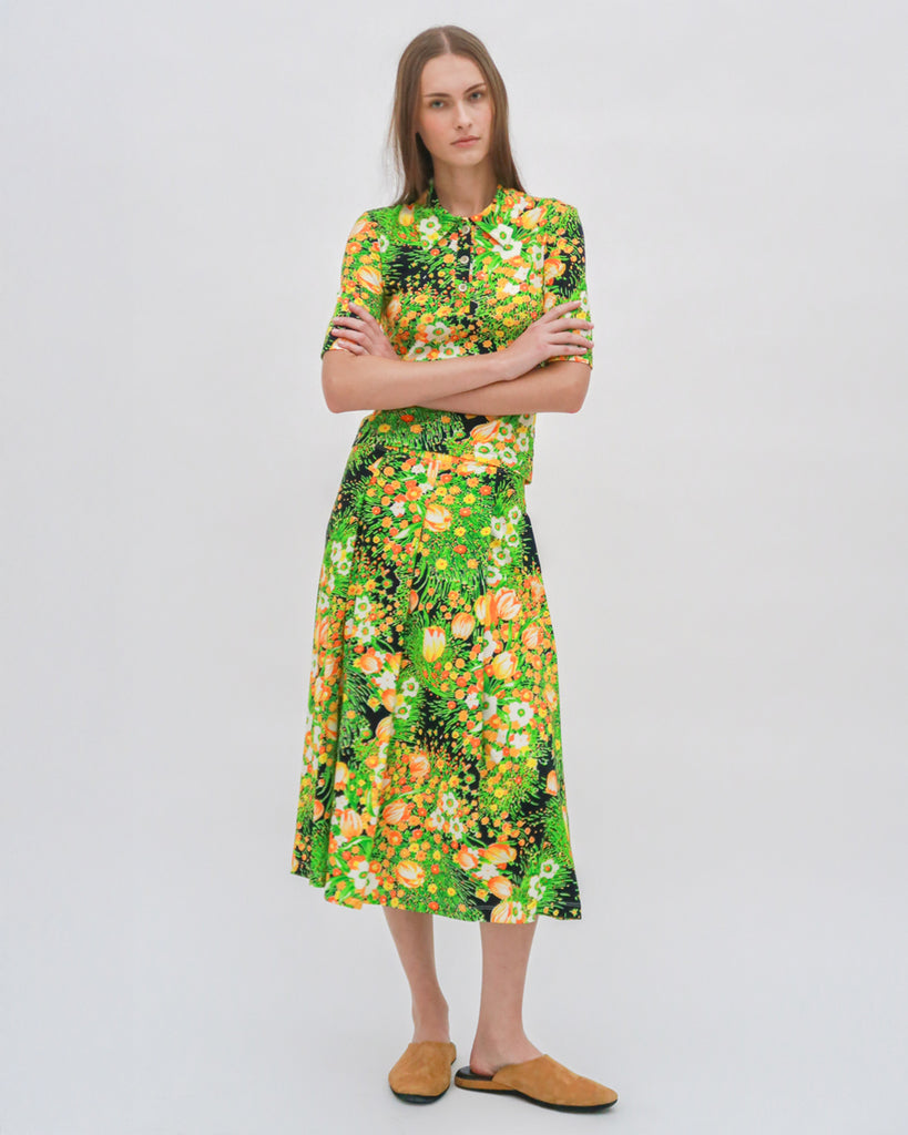 PULL ON PLEATED MIDI SKIRT - GARDEN FLORALS