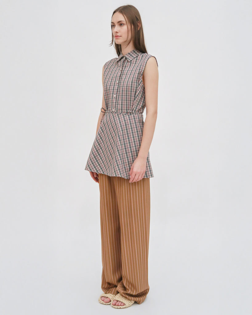 SLEEVELESS ASYMMETRIC APRON SHIRT - PLAID SHIRTING
