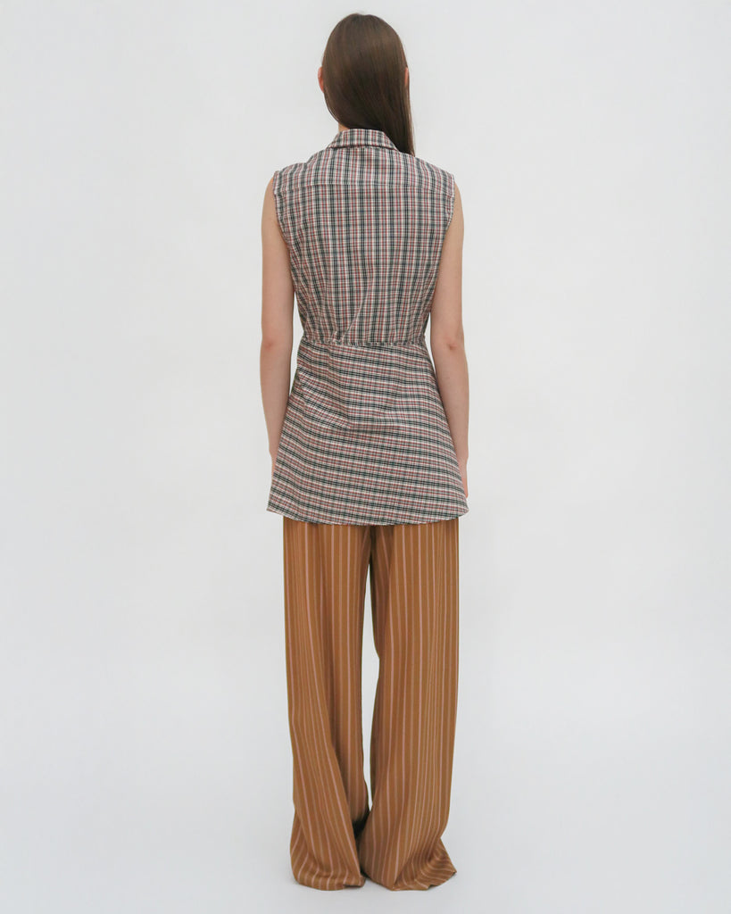 SLEEVELESS ASYMMETRIC APRON SHIRT - PLAID SHIRTING