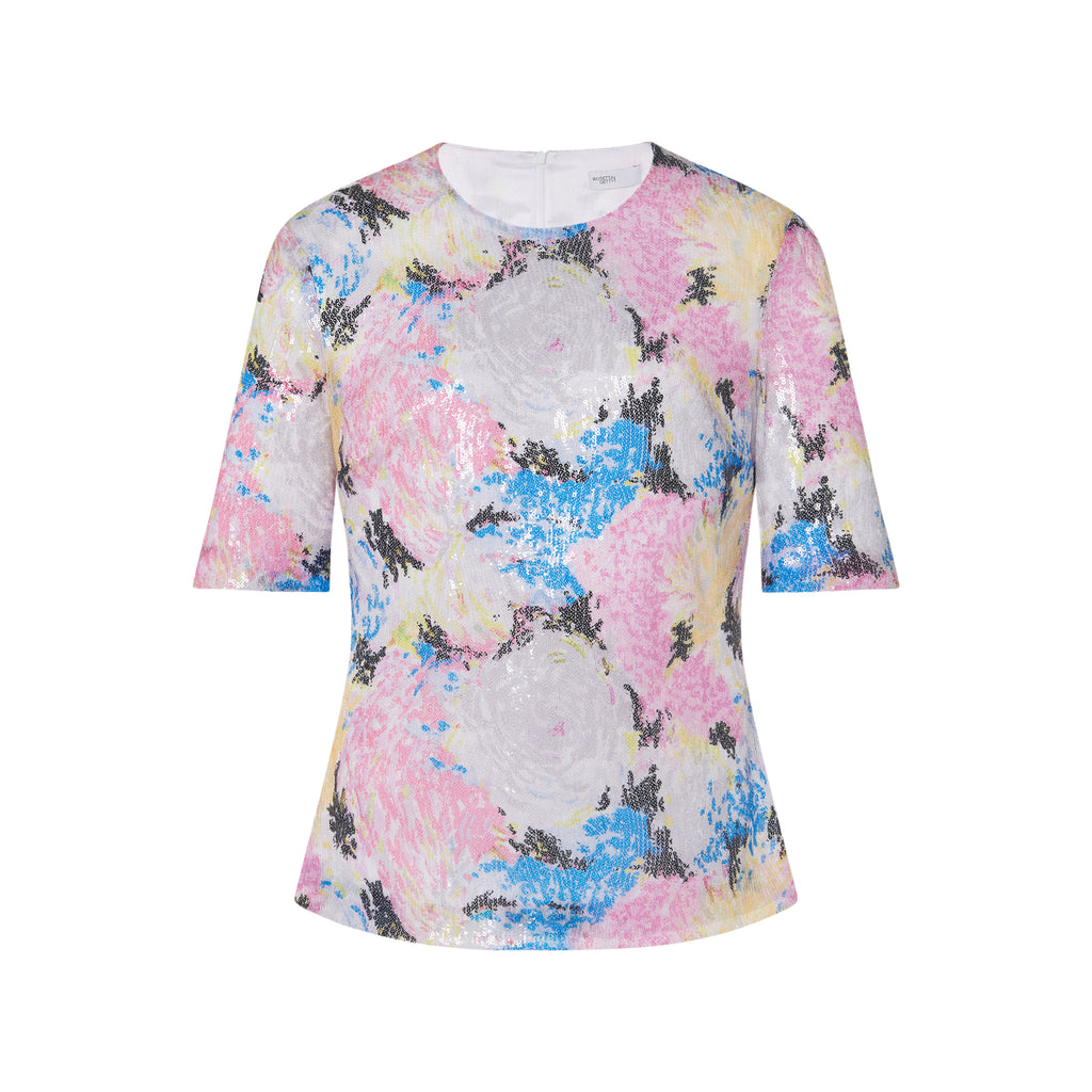 FITTED T-SHIRT TOP - PAINTED FLORAL SEQUIN MESH