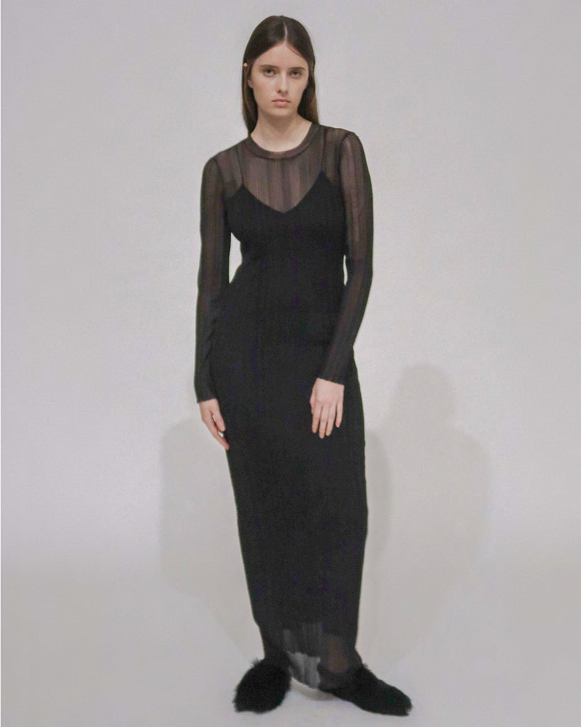 SHEER PLISSE LONG SLEEVE DRESS