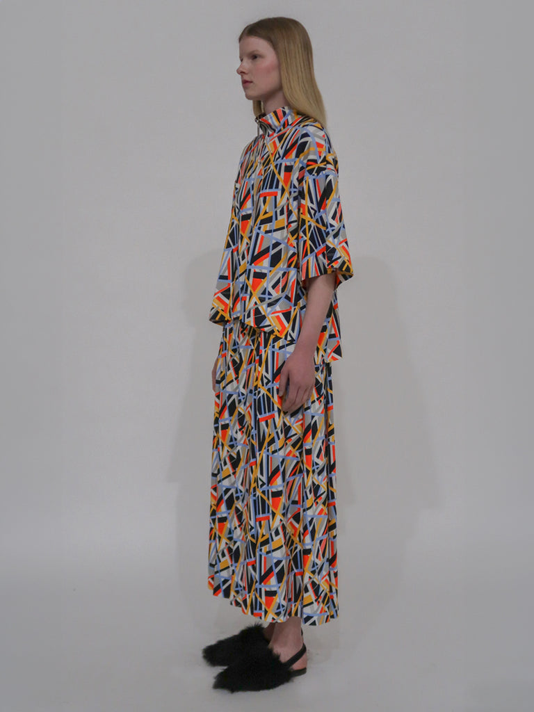 PULL-ON PLEATED MAXI SKIRT - ABSTRACT PAINT LINES